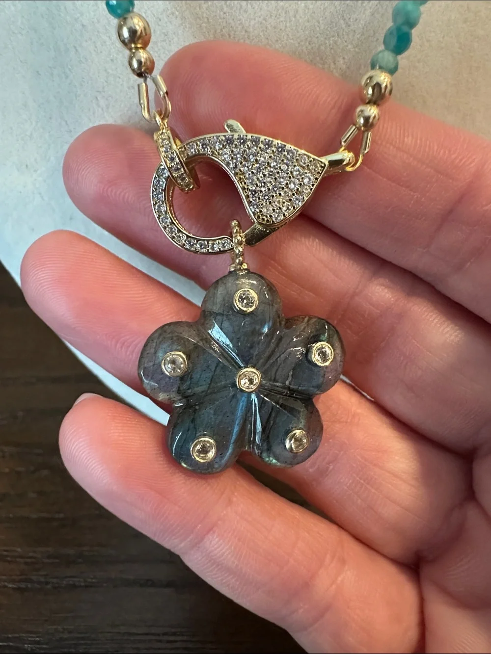 Amazonite Double Wrap Necklace with Labradorite Flower Charm